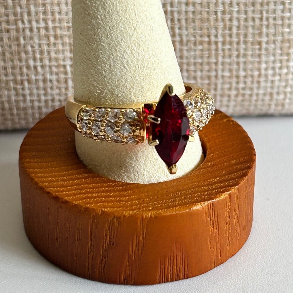 Gold Vermeil Marquise Red Stone Pave Accent Ring 925 Sterling Silver Size 8.75